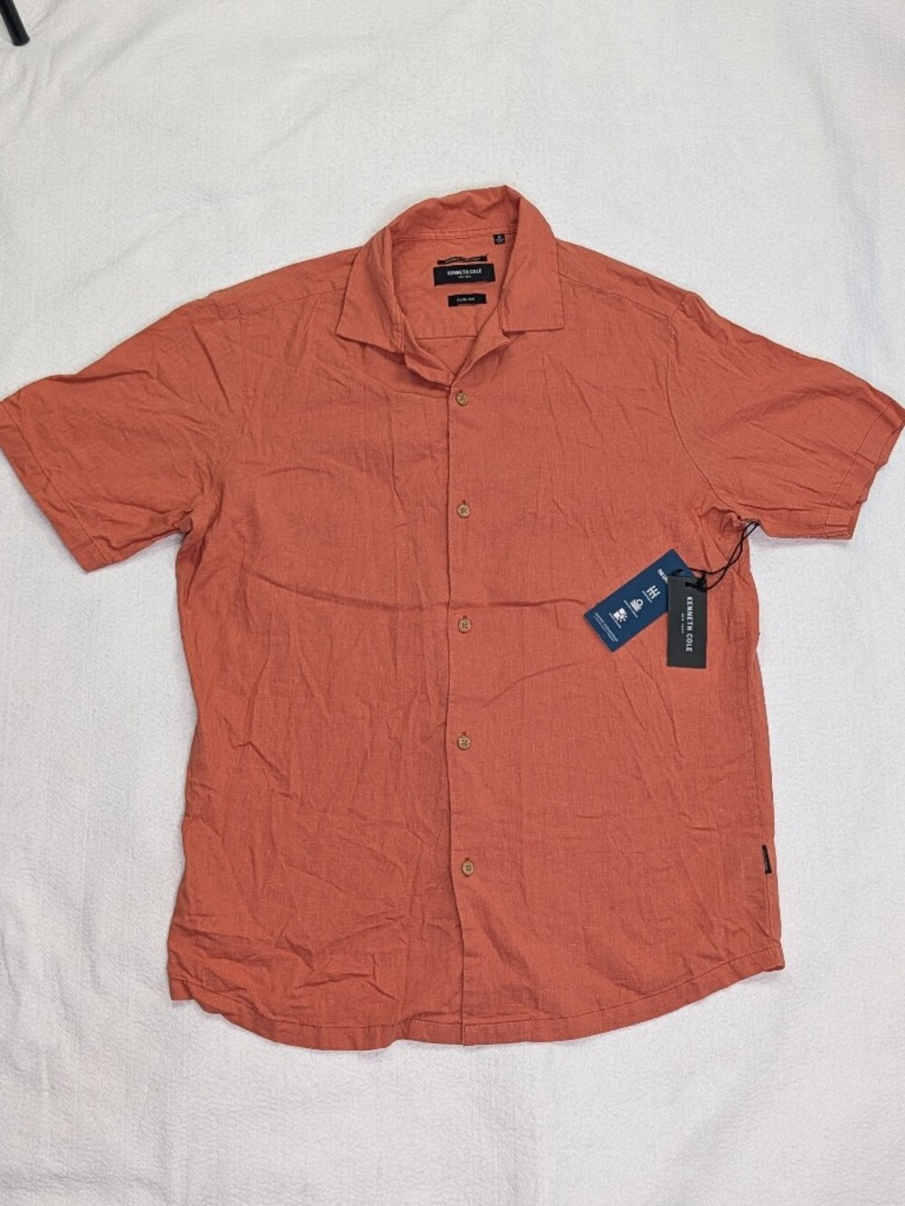 NWT Kenneth Cole Shirt Medium Slim Fit Linen Blend Button Orange Camp Collar